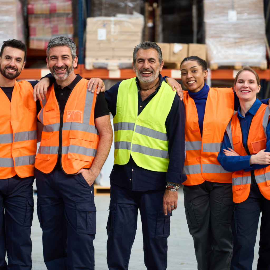 Happy warehouse workers. Improve workplace productivity with Extrastaff